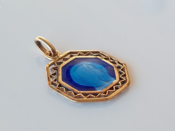 5/8" Gold Plated Lourdes Cutout Medal w Blue Glas… - image 3