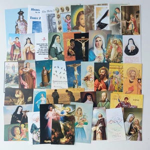 Plus de 40 cartes saintes neuves et vintage : prière en français/anglais + dos blanc/papier cartonné, la plupart du temps des minis — lot religieux catholique Marie-Jésus-Saint-Destash