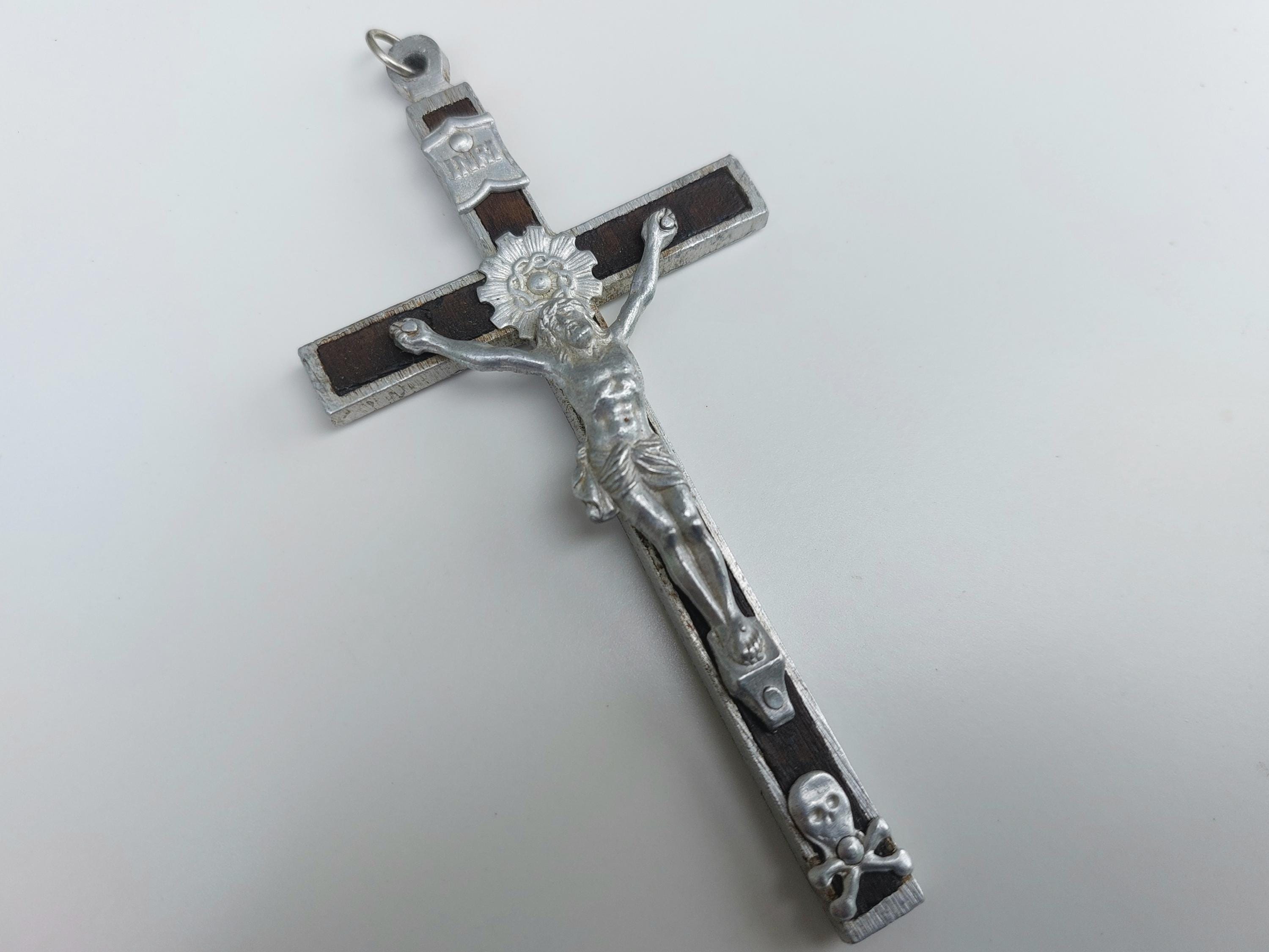 5" LIGHTWEIGHT Antique Golgotha Crucifix Pendant—Aluminum + Ebony Wood Vintage French Religious Catholic Skull/INRI Nun Habit Pectoral Cross