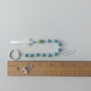 Single Decade Traffic Rosary, Turquoise Green Beads in Irish Penal Style: Silver Keychain Ring for Car/AutoCatholic Prayer Chaplet Gift image 2