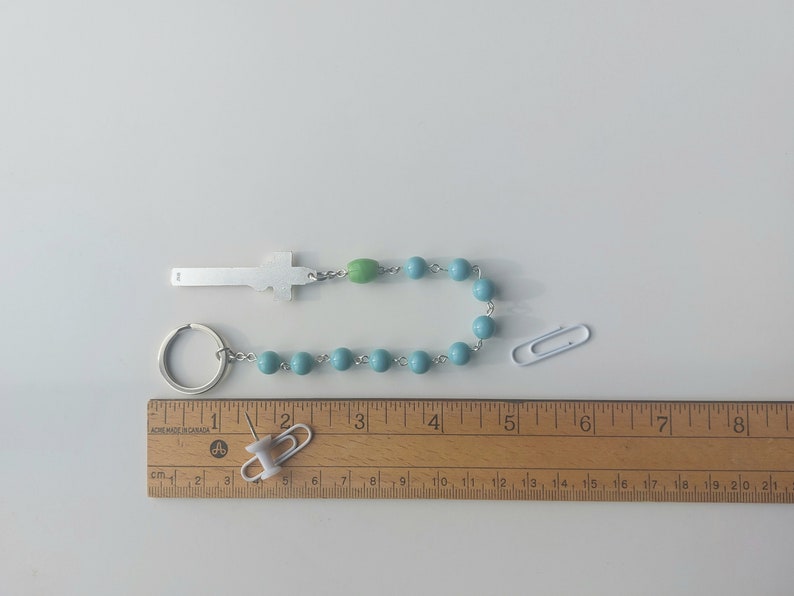 Single Decade Traffic Rosary, Turquoise Green Beads in Irish Penal Style: Silver Keychain Ring for Car/AutoCatholic Prayer Chaplet Gift image 2