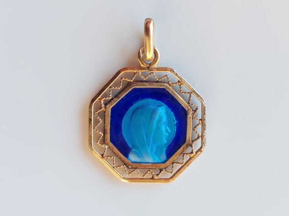 5/8" Gold Plated Lourdes Cutout Medal w Blue Glas… - image 1