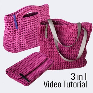 Crochet Chunky Yarn Video Tutorial & Pattern 3 in 1: Handbag, Clutch Purse and Tote Bag Video Guide, Pattern and YouTube DIY Handmade Class