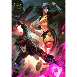 May include: A comic book illustration of two superheroes, Gambit and Rogue, in a dynamic pose. Gambit is holding a playing card in his hand, while Rogue is striking a powerful pose with her arms raised. The background features a dark, shadowy figure and a burst of pink energy.
