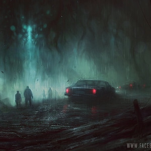 May include: A dark, foggy forest scene with a group of people walking towards a car. The car has red taillights and is parked in the middle of the road. The forest is dark and mysterious, with tall trees and a sense of unease.