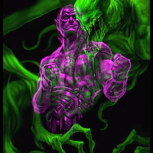 Puede incluir: Una ilustración de fantasía verde y púrpura de una criatura con dientes y garras afiladas que ataca a una figura humanoide. La criatura es parcialmente transparente, revelando la figura humanoide debajo. La imagen es del juego de cartas coleccionables Magic: The Gathering.