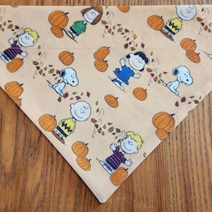 May include: Tan dog bandana featuring a repeating pattern of cartoon characters, pumpkins, and autumn leaves. The characters include Charlie Brown, Snoopy, Lucy, and Linus. The bandana is triangular in shape.