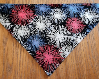 July 4th Red, White & Blue Fireworks Dog Bandana Scarf-Over the Collar/Double Sided-Size Small, Medium, Large, X-Large
