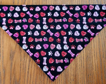 Dog Bones & Candy Hearts Dog Bandana Scarf-Over the Collar/Double Sided-Size Small, Medium, Large, X-Large