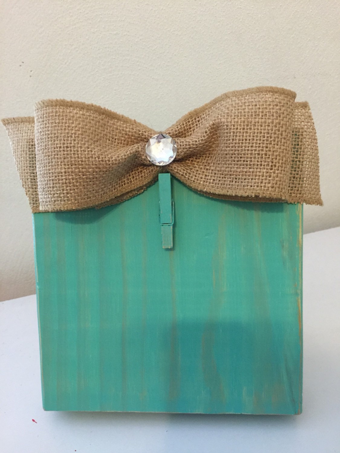 Aqua Distressed Painted Wood Block Frame With Burlap Bow and Etsy