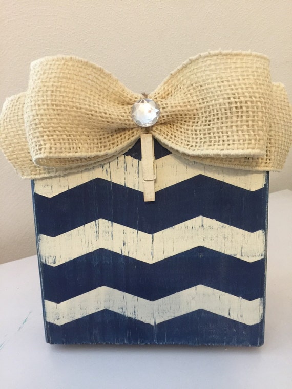 Navy And Antique White Chevron Distressed Painted Wood Block Image 0