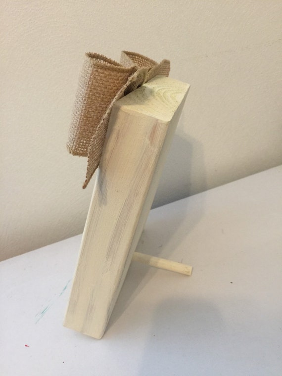 Antique White Distressed Painted Wood Block Frame With Burlap Bow And Clothespin Holder