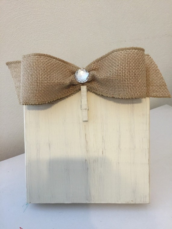 Antique White Distressed Painted Wood Block Frame With Burlap Bow And Clothespin Holder