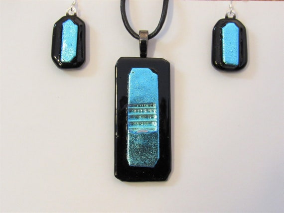 Teal dichroic glass pendant and earrings set - image 1
