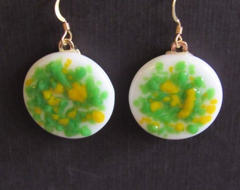 Spring green and yellow on white glass earrings