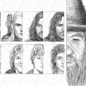 May include: A black and white pencil drawing featuring portraits of characters from The Lord of the Rings. The artwork includes depictions of Gimli, Legolas, Aragorn, Gandalf, Frodo, Samwise, and Merry.