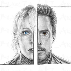 May include: A black and white pencil drawing of a woman and a man's faces, split down the middle. The woman has blue eyes and the man has brown eyes.
