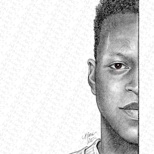 May include: A black and white pencil drawing of a person's face. The person is looking to the right, and only the right side of their face is visible. The person has short, dark hair and a serious expression. The drawing is done in a realistic style.