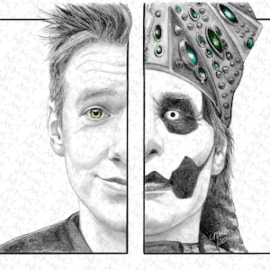 May include: A black and white pencil drawing of a man's face with a crown on the right side. The man's face is split in half, with the left side showing his normal face and the right side showing his face with makeup and a crown.