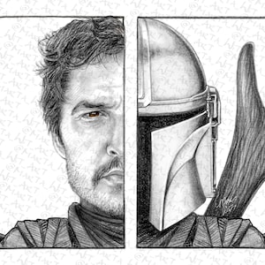 May include: A black and white pencil drawing of a man's face with a Mandalorian helmet superimposed over the right side of his face.