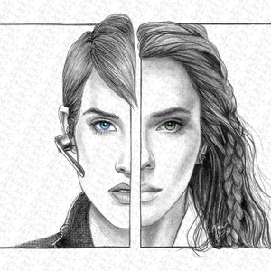 Peut inclure: Un dessin au crayon noir et blanc de deux visages de femmes, divisés au milieu. La femme de gauche a les cheveux courts et les yeux bleus, tandis que la femme de droite a les cheveux longs et les yeux verts.