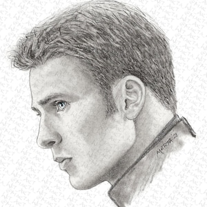 May include: A black and white pencil drawing of a man's face. The man has short, dark hair and blue eyes. He is looking to the side with a serious expression. The drawing is signed "MARTA '21".