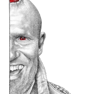 May include: A detailed pencil drawing of a man's face, half-profile. The man has a shaved head, a red eye, and a sinister grin revealing sharp teeth. A red wound is visible on the head. The drawing is signed by the artist.