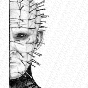 May include: A black and white pencil drawing of a man's face with nails hammered into his head. The drawing is in a realistic style and shows the man's pain and suffering.