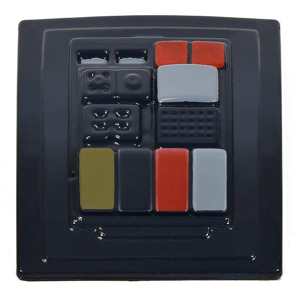 May include: A black square tile with a geometric design featuring various colored squares and rectangles. The design includes shades of red, yellow, gray, and black.