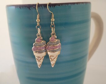 Glitter Ice Cream Earrings, Ice Cream Cones, Gold Drop Earrings, Sweet Treats, Summer Statement Earrings, Novelty Jewelry,  Gifts for Her