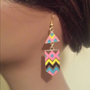 SALE, Triangle Chevron Earrings, Gifts for Her, Statement Earrings, Colorful Jewelry, Gold Drop Earrings, Dainty Earrings, Pink, Blue, Black