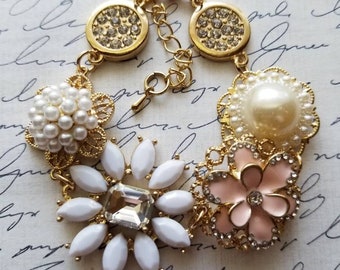 Flower Bracelet Gifts for Her Statement Bracelet Pearl Link Bracelet Cluster Bracelet Crystal Flower Bracelet Bridal Jewelry Dainty Bracelet