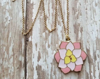 FREE SHIPPING, Pink Flower Pendant, Gifts for Her, Statement Necklace, Pendant with Chain, Gold Necklace, Pink Flowers Gifts, Flower Girl