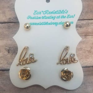 Trio Set Stud Earrings Gifts for Her Small Earrings Stud Earrings Rhinestone Earrings Gold Roses Love Earrings Bridesmaid Gift Earrings Set