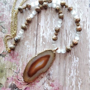 Agate Boho Necklace, Handmade Mala Necklace, Geode Slice, Slab Pendant, Shell Necklace, Long Necklace, Gifts for Her, Statement Necklace