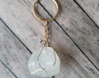 Crystal Chunk Keychain, Wire Wrapped Clear Crystal, Gold Keychain, Gold Key Holder, Purse Charm, Key Ring, Unisex Gift, Car Accessories