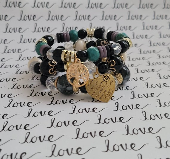 Chic 3 Pieces Letter Heart Charm Seed Bead Stackable Bracelet Set