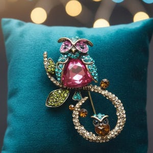Double Owl Brooch Fancy Brooch Gifts for Her Owl Jewelry Bling Brooches Crystal Owls Gold Owls Owl Pins Animal Brooch Crystal Owls