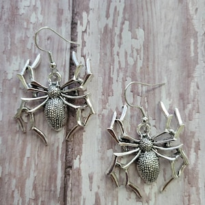 Spider Earrings, Large Silver Spiders, Gifts for Her, Halloween Statement Earrings, Creepy Jewelry, Happy Halloween, Spider Charms, Kawaii
