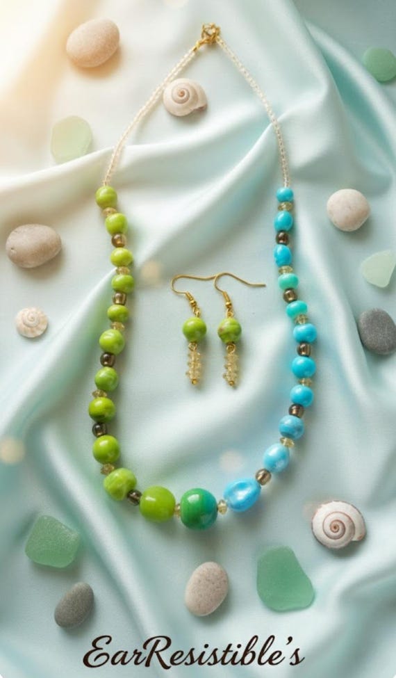SALE, Bluegrass State Necklace Set, Blue and Green Necklace, Gifts for Her, Statement Necklace, Small Drop Earrings, Ombre, Beaded Jewelry