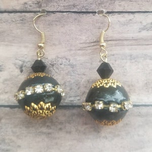 Black and Gold Crystal Earrings, Statement Earrings, Small Dangle Earrings, Gifts for Her, Round Crystal Earrings, Unique, Dainty Earrings