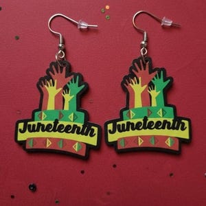 Juneteenth Earrings, Rasta Drop Earrings, Afrocentric Statement Earrings, Gifts for Her, Wood Hand Earrings, Juneteenth Jewelry, Lasercut
