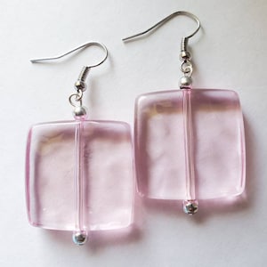 Pink and Silver Earrings, Gifts for Her, Boho Chic Statement Earrings, Pink Square Earrings, Dainty Earrings, Handmade, Cute Summer Earrings