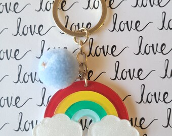 Rainbow Keychain, Gold Key Holder, Car Accessories, Pom Pom Keyring, Unisex Gifts, Pride Keychain, Cute Keychains, Colorful Acrylic Keychain