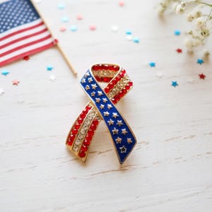American Flag Brooch, Patriotic Ribbon Brooch, Red White and Blue, Jacket Pin, Star Brooch, Gifts for Her, Independence Day, Statement Pin image 1