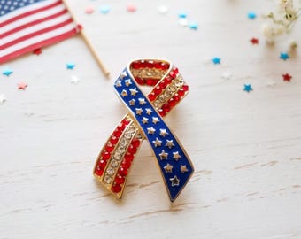 American Flag Brooch, Patriotic Ribbon Brooch, Red White and Blue, Jacket Pin, Star Brooch, Gifts for Her, Independence Day, Statement Pin