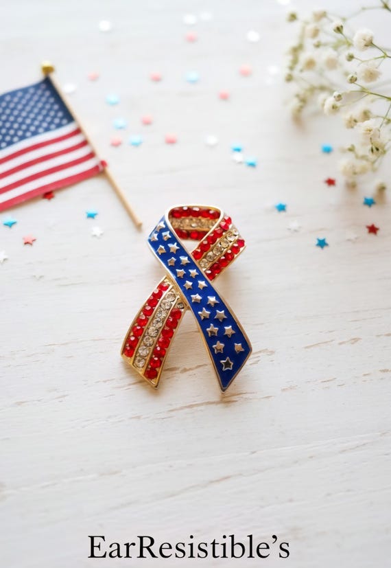 American Flag Brooch, Patriotic Ribbon Brooch, Red White and Blue, Jacket Pin, Star Brooch, Gifts for Her, Independence Day, Statement Pin