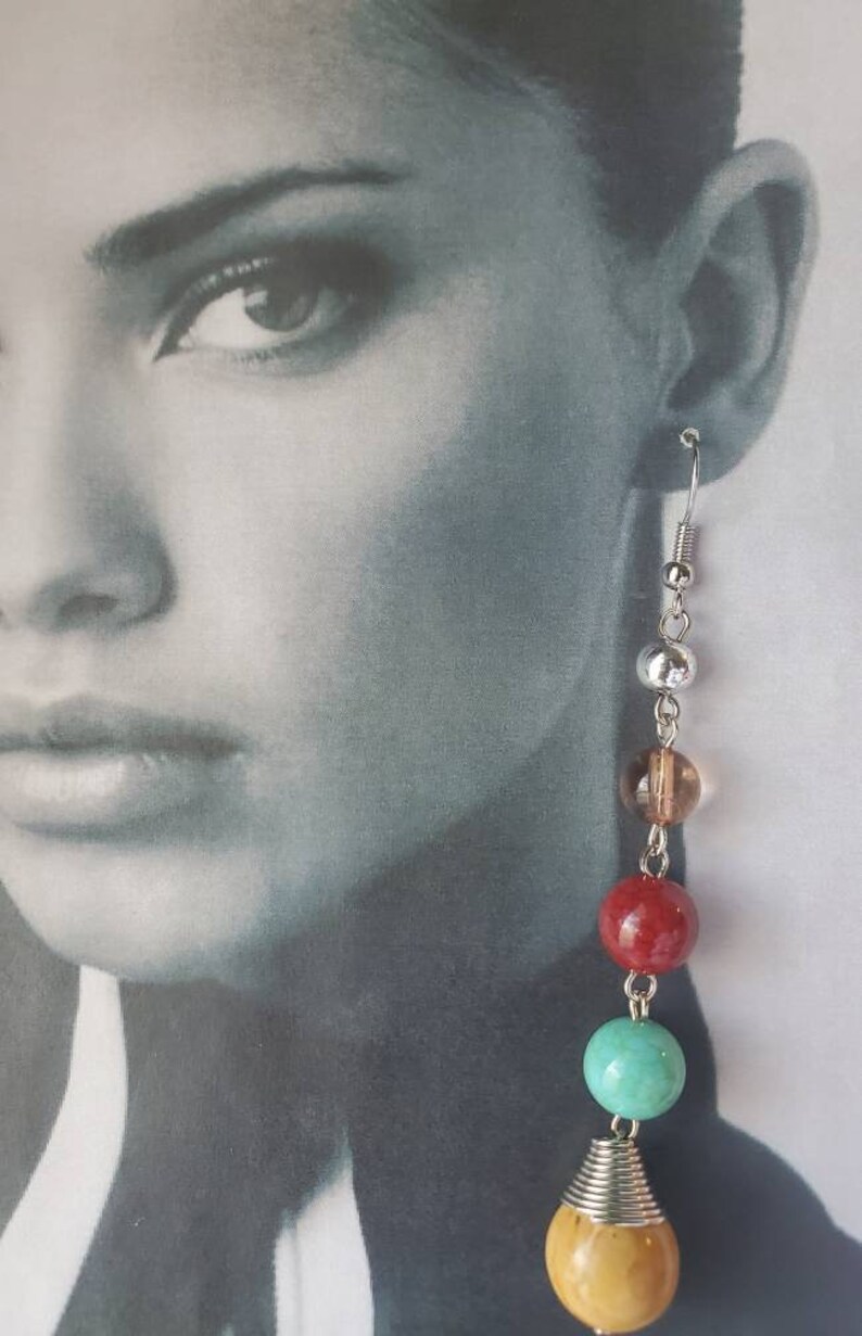 Bohemian Earrings Long Earrings Statement Earrings Gifts for Her Mixed Bead Earrings Wire Wrapped Agate Earrings Handmade Chakra Earrings