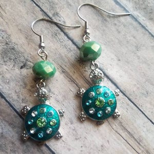 Turtle Earrings Crystal Turtles Beach Inspired Jewelry Gifts for Her Statement Earrings Dainty Earrings Turtle Charms Teal Earrings Handmade
