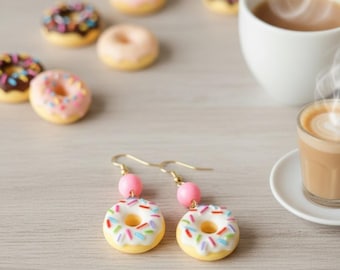 Donut Earrings, Miniature Food, Gifts for Her, Dangle Statement Earrings, Pink Frosted Donuts, Cute Gold Earrings, Novelty, Quirky Jewelry